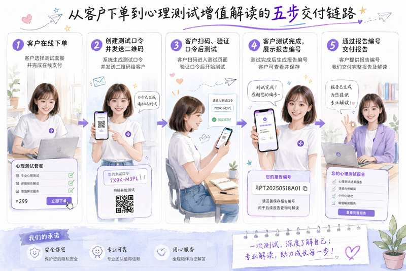 从客户下单到心理测试增值解读的五步交付链路